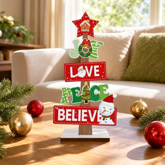 Christmas Decorations for Home, Tabletop Christmas Tree, Christmas Table Decorations, Christmas Tree Decor, 9X4.5X1.5 Inch Wooden Mini Desktop Ornament with Printed Holiday Joy