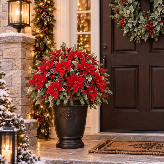 Christmas Decorations Indoor Under 10$ Clearance! Artificial Poinsettia Ground Stake Decor With White Edges Green Leaves Pines Cones Pines Needles Christmas Outdoor Yard Garden Holiday Ornament