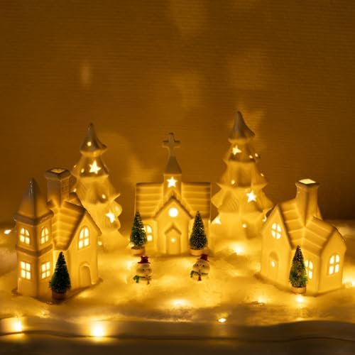 Christmas Decorations Indoor - 11 Pcs Ceramic Christmas Village Set - 3 Lighted Village Houses with 2 Lighted Ceramic Trees and More, LED Tabletop House Figurines Farmhouse Decoration