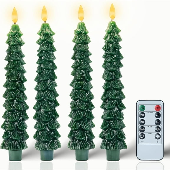 Christmas Decorations Indoor - 4 PCS Christmas Tree Candles with Remote and Timer - Flameless Christmas Taper Candles - Battery Perated Green LED Candlesticks for Christmas Home Decor