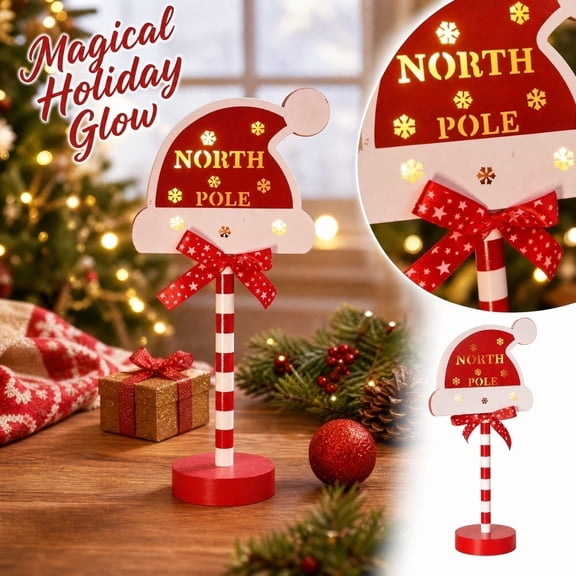 Christmas Decorations Indoor, Christmas Table Decorations, Battery Operated Christmas Lights, Christmas Decorations for Home, 12 Inch Santa Hat North Pole Led Sign Light Up Decor