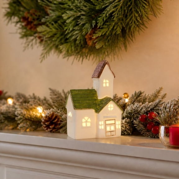 Christmas Decorations - Indoor Christmas Village Set Lighted Ceramic Houses with Trees - White Xmas Holiday Farmhouse Rustic Decor for Home Table Room