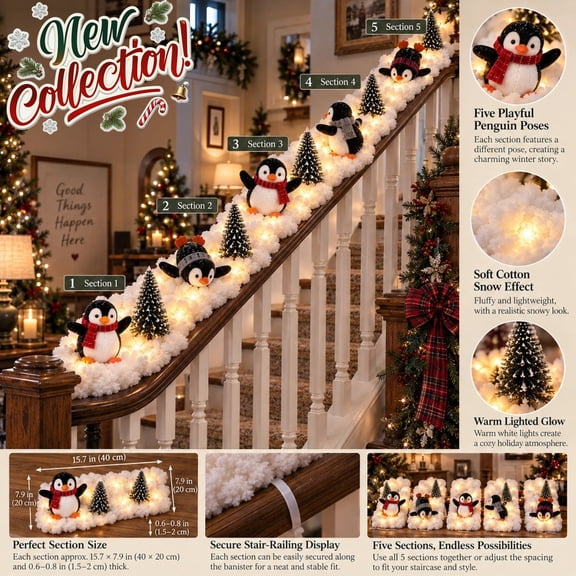 Christmas Decorations Indoor Clearance! 1 Pack Penguins Christmas Staircase Decorations, Christmas Stair Snow Decor Penguins with Warm Glow Lighted Xmas Figurine Decor for Home Christmas Stairs Decor