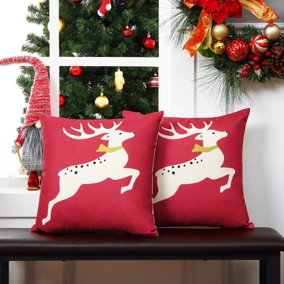 Christmas Decorations Indoor Home Decor Red Christmas Pillow Covers 18x18 Outdoor Decorative Throw Pillows for Living Room Farmhouse Xmas Deer Couch Pillows Set of 2 Sofa Bedroom