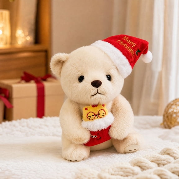 Christmas Decorations Indoor Outdoor Under 10$ Clearance! Christmas Bear Plush Toy, 8 inch Stuffed Animal with Santa Hat, Soft Polyester Holiday Bear Doll, Cuddly Christmas Gift, Festive Home Decor
