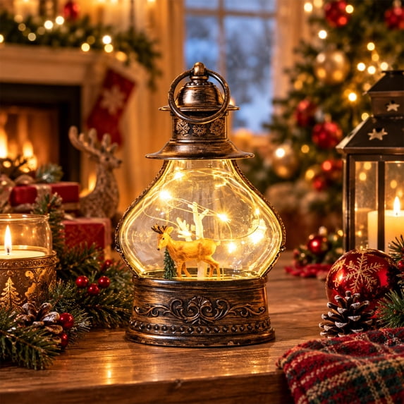 Christmas Decorations Indoor Outdoor Under 10$ Clearance! Christmas LED Lantern Decor Ornament, Vintage Hanging Lamp with Santa Snowman Reindeer Inside, Warm Light Tabletop Home Party Decoration
