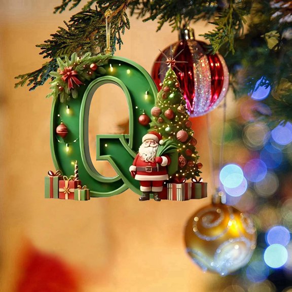 Christmas Decorations Indoor Outdoor Under 10$ Clearance! Christmas Letter Ornaments, 10cm Letter Q Acrylic Hanging Pendant, DIY Xmas Tree Decor with Santa Hat, Festive Alphabet Decoration for Home