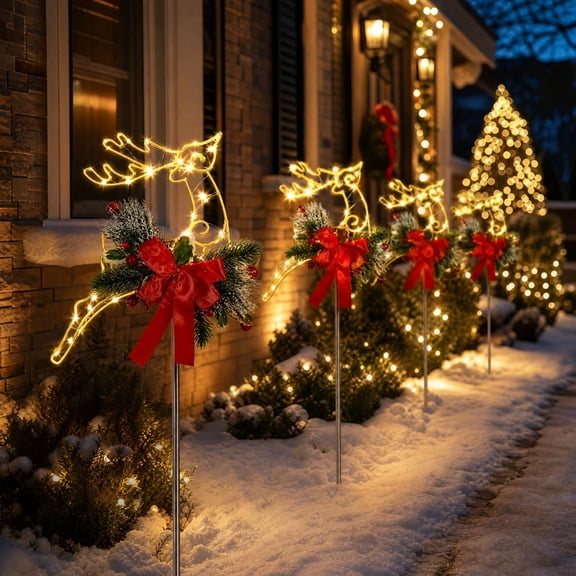 Christmas Decorations Indoor Outdoor, Lighted Reindeer Lawn Stake Garden Decor with Bow, Outdoor Yard Accent for Lawn Patio Walkway
