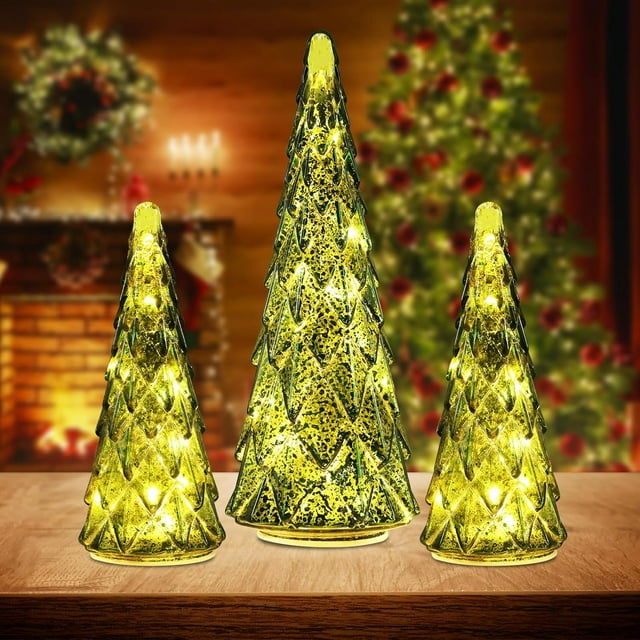 Christmas Decorations Indoor, Set of 3 Prelit Green Glass Christmas
