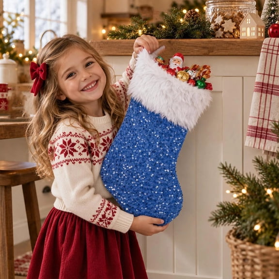Christmas Decorations Initial Monogram Embroidered Christmas Stocking Glitter Sequins Christmas Decorations Children's Candy Gift Bag