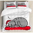 thumbnail image 1 of Christmas Decorations King Size Duvet Cover Set, Cat with Santa Hat Whiskers on Pillow Winter Night Cartoon Art, Decorative 3 Piece Bedding Set with 2 Pillow Shams, White Red Grey, by Ambesonne, 1 of 3