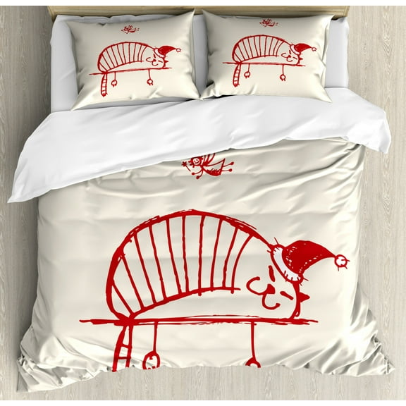 Christmas Decorations King Size Duvet Cover Set, Fun Cat Sleeping with Hat and Little Fairy Hanging Xmas Ornaments Art Style, Decorative 3 Piece Bedding Set with 2 Pillow Shams, Red, by Ambesonne