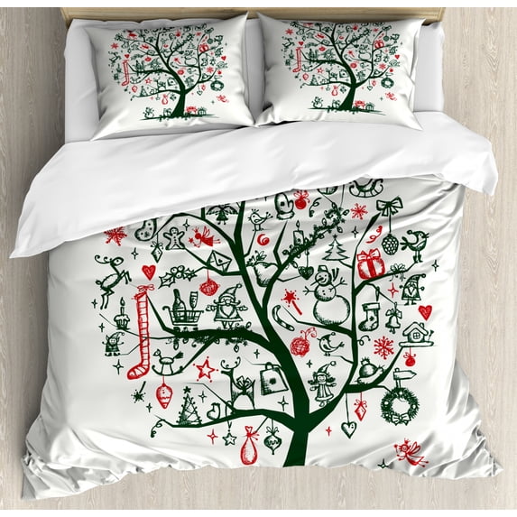 Christmas Decorations King Size Duvet Cover Set, Large Tree with New Year Ornaments Gifts Candles Angels Holiday Theme, Decorative 3 Piece Bedding Set with 2 Pillow Shams, Green Red, by Ambesonne