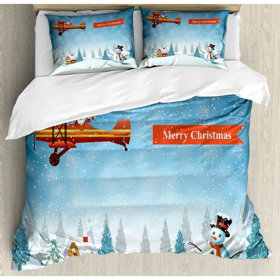 Christmas Decorations King Size Duvet Cover Set, Santa in a Plane with Banner Flying over Forest with Snowman Jolly Season, Decorative 3 Piece Bedding Set with 2 Pillow Shams, Blue, by Ambesonne