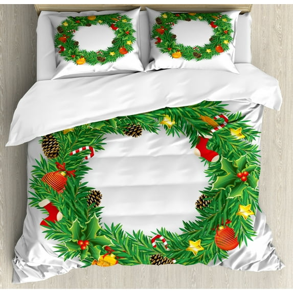 Christmas Decorations King Size Duvet Cover Set, Wreath Evergreen with Candy Cane Stockings Mistletoe Berries on Door, Decorative 3 Piece Bedding Set with 2 Pillow Shams, Green White, by Ambesonne