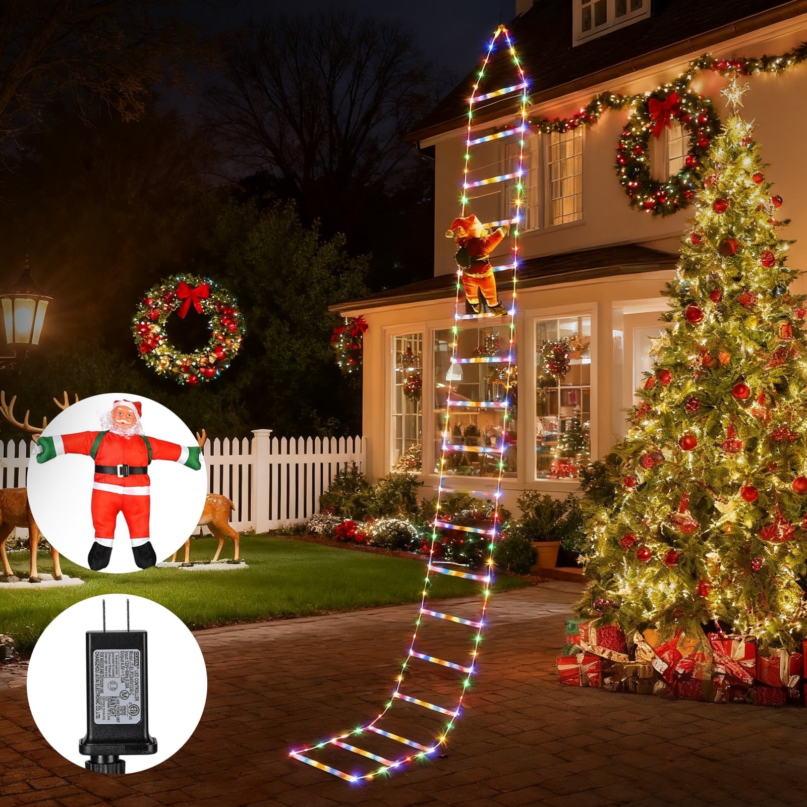 FoikYoik Christmas Lights 10FT Christmas Decorative Ladder Lights with Santa Claus for Outdoor Indoor Windows Courtyards Wall Xmas Tree Multicolor