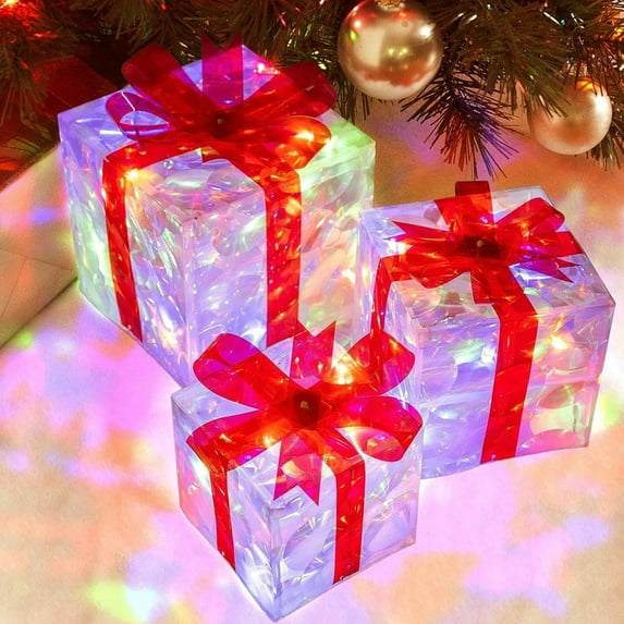 Christmas Decorations Lighted Gift Boxes Set of 3,Happon 60 LED Lighted Transparent Gift Boxes with Bows Christmas Tree Decorations, for Outdoor Christmas Decorations Indoor Home Decor