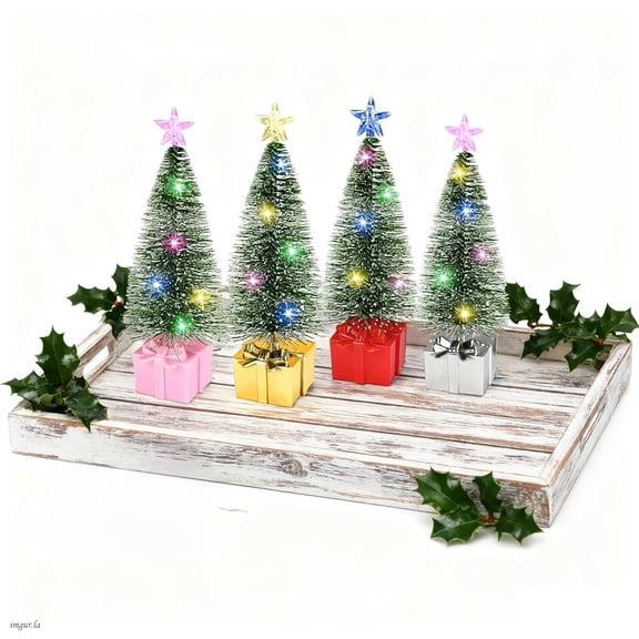 Christmas Decorations Mini Christmas Tree with Lights, 4 pcs Christmas Decor Indoor, Small Christmas Tree, Christmas Village Trees with String Lights for Home Party Table, Christmas Craft with Star