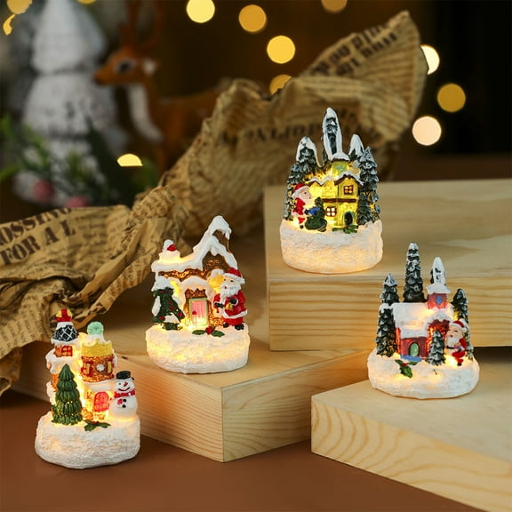 Christmas Decorations Mini Resin Figurines Christmas Glowing Small House Santa Claus Desktop Ornaments Gift Ornament Winter New Year Holiday Home DIY Decor Idea Gift for Friends and Family