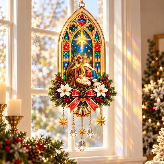 Christmas Decorations Nativity Wind Chime Hanging Holy Family Window Decor with Bells Crystal Pendants for Window Entryway Porch Mantel Tree
