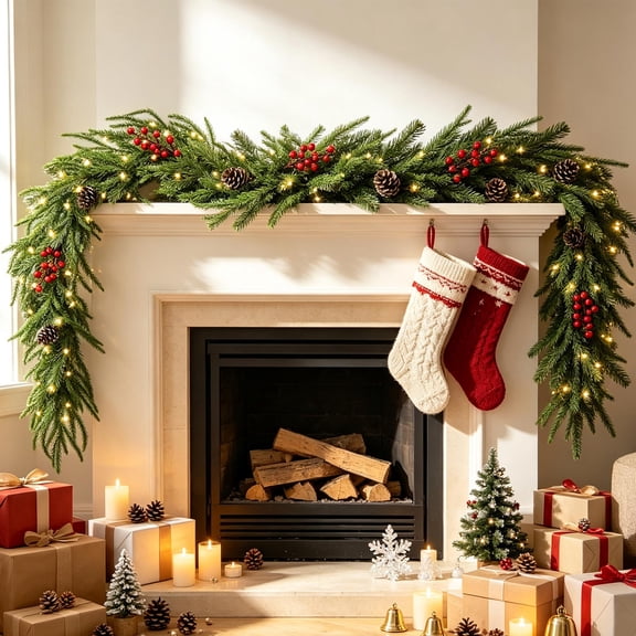 Christmas Decorations Norfolk Garland Red Berries Pinecones Flexible for Stair Rail Fireplace Mantel Door Window Home Party Decor Gift Art Home
