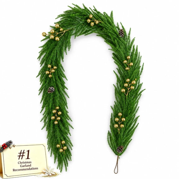 Christmas Decorations Indoor Clearance – 5.91ft Christmas Norfolk Pine Garland, Artificial Greenery Garland with 8 Gold Berries & 3 White Pinecones for Mantel Stair Winter Holiday Decor (F)