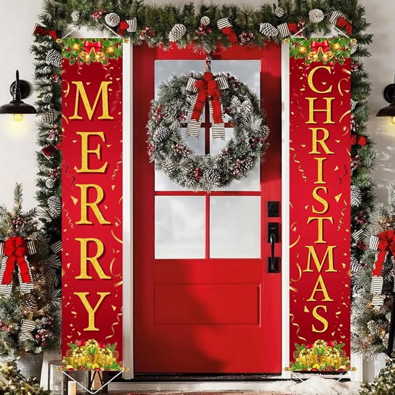 Red Black Buffalo Plaid Christmas Outdoor Door Banner Set