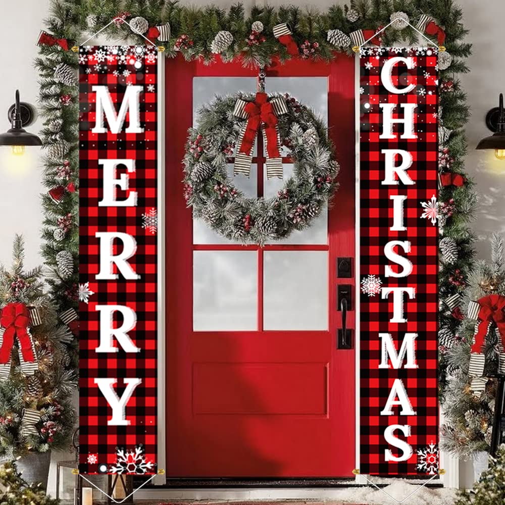 Red Black Buffalo Plaid Christmas Outdoor Door Banner Set