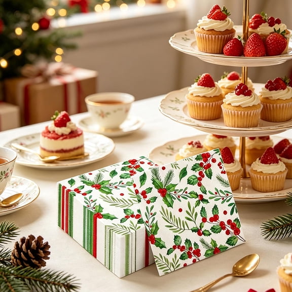 Christmas Decorations Party Tableware Set Holly Leaves Red Berry Design Disposable Napkins 20 pcs For Christmas Holiday Party Supplies