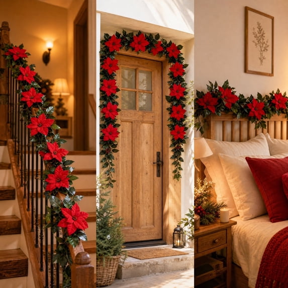 Christmas Decorations Poinsettia Garland, 6.5 FT Artificial Garlands with Red Flowers and Berrie for Xmas New Year Home Decor,175cm100g