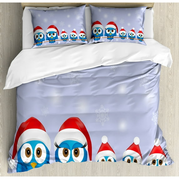 Christmas Decorations Queen Size Duvet Cover Set, Bird Family with Santa Hats on Electricity Wire Winter Holiday Humor, Decorative 3 Piece Bedding Set with 2 Pillow Shams, Blue Red, by Ambesonne