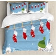 thumbnail image 1 of Christmas Decorations Queen Size Duvet Cover Set, Little Bird and Socks Hanging on Clothesline Snowy Kids Cartoon Print, Decorative 3 Piece Bedding Set with 2 Pillow Shams, White Blue, by Ambesonne, 1 of 3