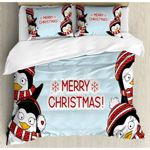 Christmas Decorations Queen Size Duvet Cover Set, New Year Quote Cute Penguins with Hats and Scarf Snowflakes Kids Decor, Decorative 3 Piece Bedding Set with 2 Pillow Shams, Blue Red, by Ambesonne