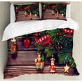 thumbnail image 1 of Christmas Decorations Queen Size Duvet Cover Set, Rustic Wood Backdrop December Old Christmas Time Theme Jesus Ribbon, Decorative 3 Piece Bedding Set with 2 Pillow Shams, Green Brown, by Ambesonne, 1 of 3