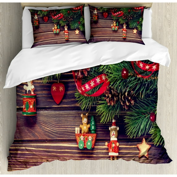 Christmas Decorations Queen Size Duvet Cover Set, Rustic Wood Backdrop December Old Christmas Time Theme Jesus Ribbon, Decorative 3 Piece Bedding Set with 2 Pillow Shams, Green Brown, by Ambesonne