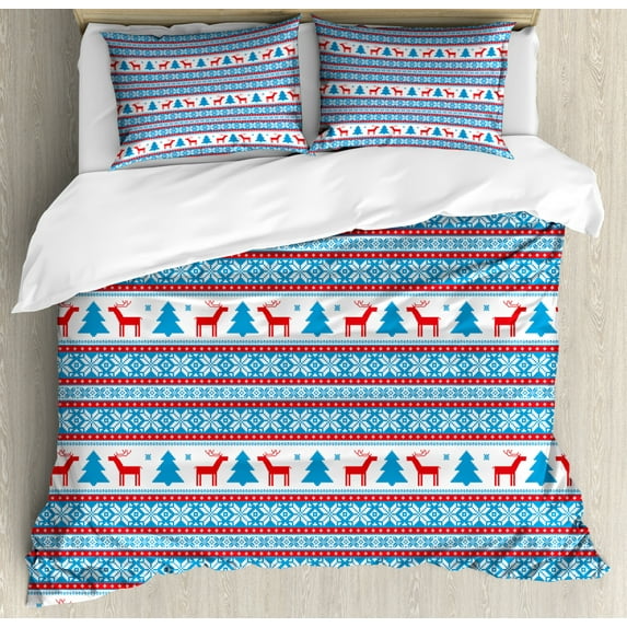 Christmas Decorations Queen Size Duvet Cover Set, Traditional Folkloric Knit Style Image Holiday Season Office Cafe Decor, Decorative 3 Piece Bedding Set with 2 Pillow Shams, Red Blue, by Ambesonne
