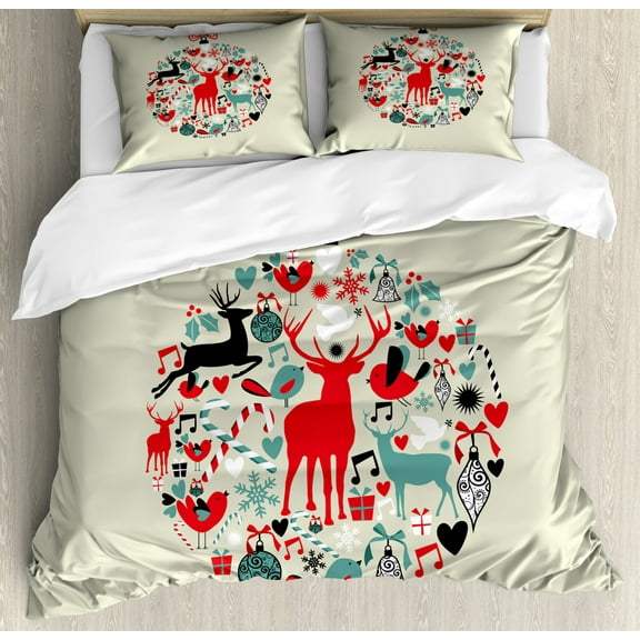 Christmas Decorations Queen Size Duvet Cover Set, Traditional Season Decorative Christmas Themed Design Abstract Art, Decorative 3 Piece Bedding Set with 2 Pillow Shams, Beige Red, by Ambesonne