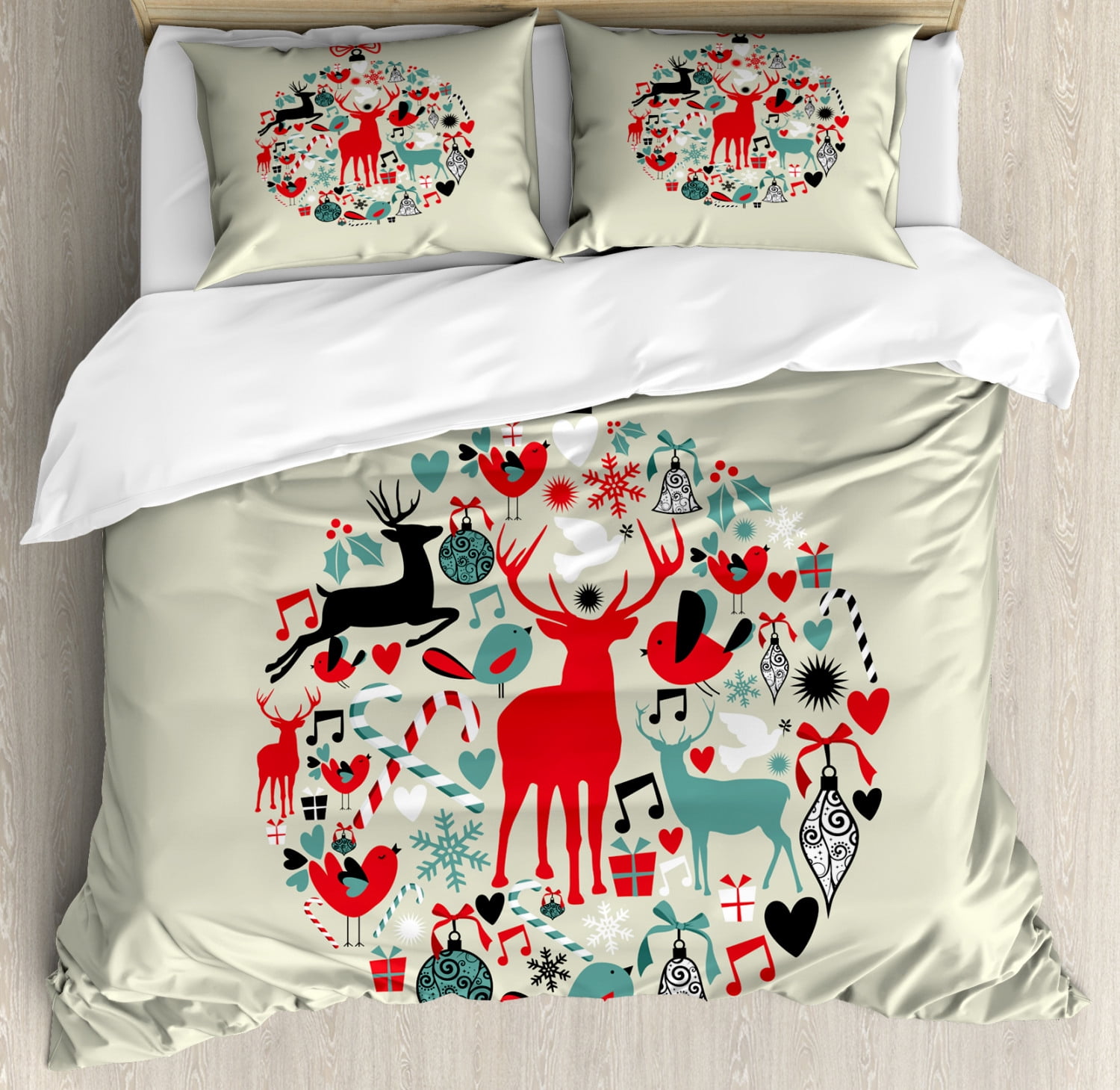 Beige and Red Christmas Reindeer Queen Duvet Cover Set