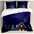 thumbnail image 1 of Christmas Decorations Queen Size Duvet Cover Set, Winter Scenery with Decorated House and Tree at Night Family Themed, Decorative 3 Piece Bedding Set with 2 Pillow Shams, Blue Brown, by Ambesonne, 1 of 3