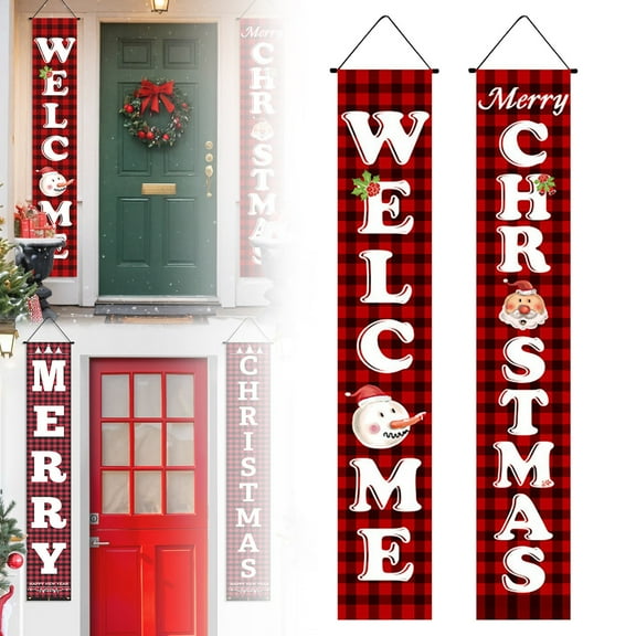 Christmas Decorations,Red Black Buffalo Plaid Sign Set for Festival Welcome Christmas Door Banner,Outdoor Yard & Front Porch,Indoor & Outdoor Xmas Decor for Home,Wall,Front Door,Yard,and Garage(A)