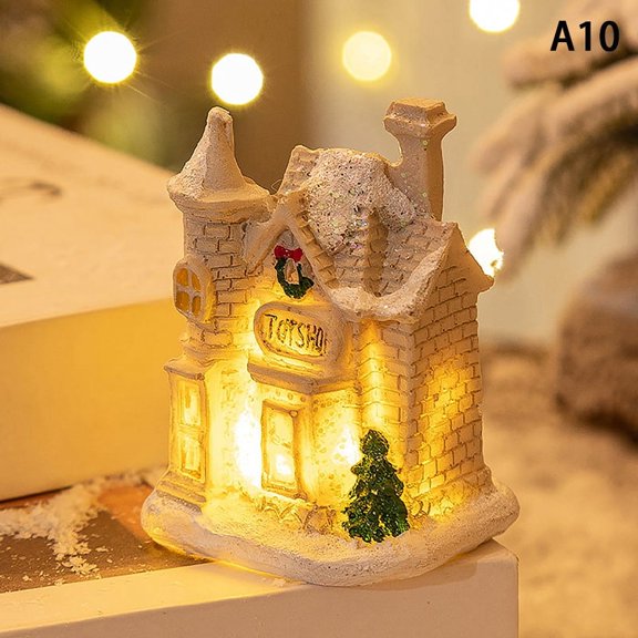 Christmas Decorations Resin Small House Light Up Village House Figurines Cartoon Table Ornament For Holiday Gift Cute Christmas