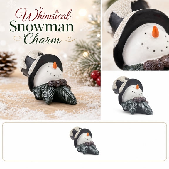 Christmas Decorations, Resin Snowman Figurine, Decorative Snowman with Black Top Hat and Textured Trim, 2.5X2.5 Inch Winter Tabletop Figure, Indoor Winter Wonderland Accent with