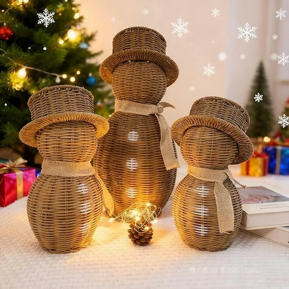 Christmas Decorations, Rustic Wicker Snowman Figurines with Scarf, Vintage Rattan Snowman Statue for Winter Holiday Xmas Home Table Shelf Fireplace Desk Room Decor, Snowman Decor, 11", Brown