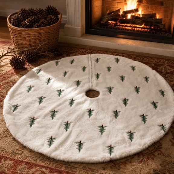 Christmas Decorations Savings, White Faux Fur Christmas Tree Skirt Plush Polyester Tree Base Cover with Mini Tree Print, Circular Split Soft Material Washable 35.43x35.43in for Xmas Decor