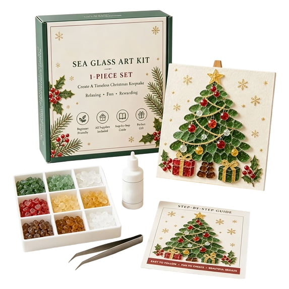 Christmas Decorations Sea Glass Art Kit, Winter DIY Mosaic Craft for Adults, Festive Tabletop Ornament, Handmade Holiday Gift for Crafters (Tree)