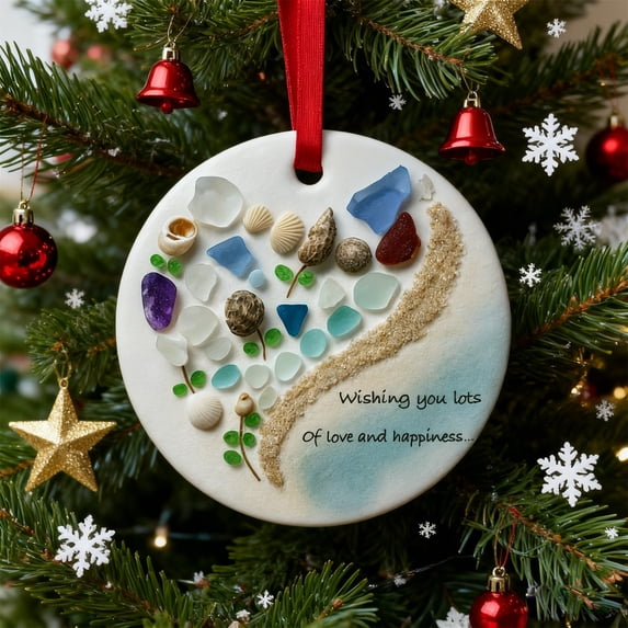 Christmas Decorations Sea Glass Ornaments with Stones Shells Pattern, Cute Beautiful Plastic Pendant for Christmas Tree Decor or Gifts 3.94 Inch Multicolor