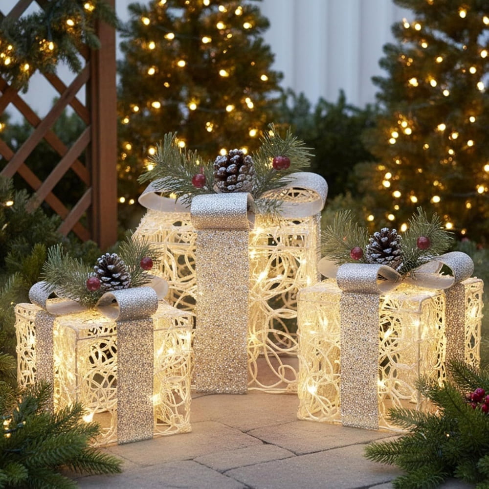 Christmas Decorations, Set of 3 Christmas Lighted Gift Boxes, 48 LED Light Up Present Boxes for Indoor Outdoor Party Yard Home Holiday Decorations (White and Silver)