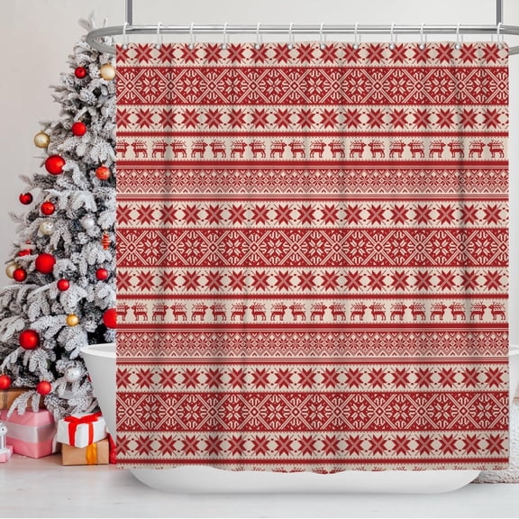 Christmas Decorations Shower Curtain for Bathroom Red Snowflakes Elk Bathtub Hotel Curtains 72x72inches Flowers Lines Stall RV Room Partition Waterproof Fabric Xmas New Year Decor with Hooks