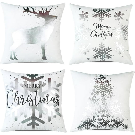 Christmas Decorations Silver White Throw Pillow Covers 16x16 Set of 4 Snowflakes Reindeer Decorative Cushion Cases Xmas Decor for Couch Sofa Bedroom
