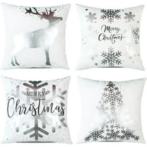 Christmas Decorations Silver White Throw Pillow Covers 16x16 Set of 4 Snowflakes Reindeer Decorative Cushion Cases Xmas Decor for Couch Sofa Bedroom